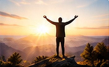 A man with arms raised at sunrise