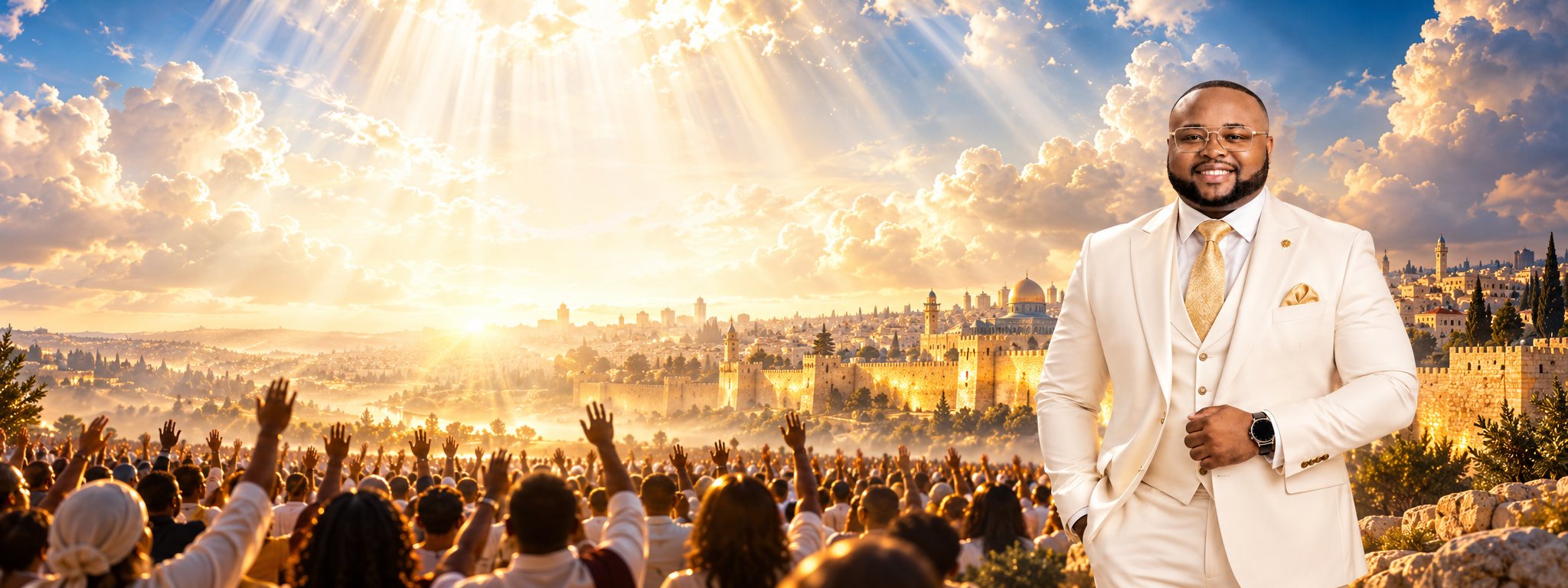 Worshippers with raised hands before Jerusalem at sunrise, and Chief Apostle Prophet Osman Nathaniel Weaver in a white suit