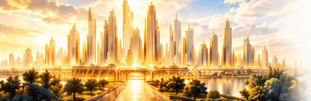 A golden city at sunrise